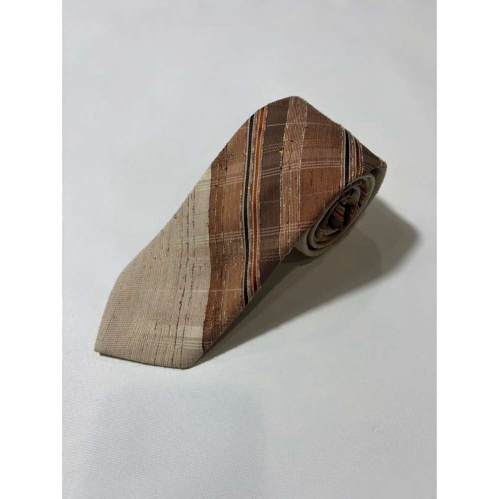 Paco Rabanne Paris Silk Tie Brown Beige Plaid Striped Textured Pattern